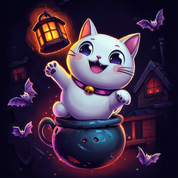 Photo cute cat in a cauldron with bats and lantern