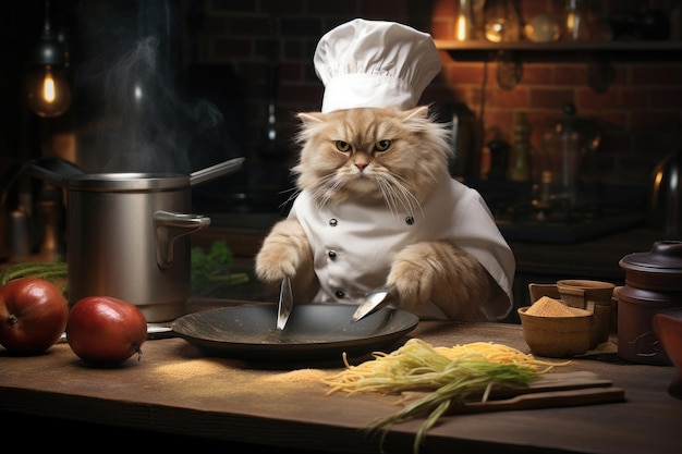 Cute cat in chef hat is cooking