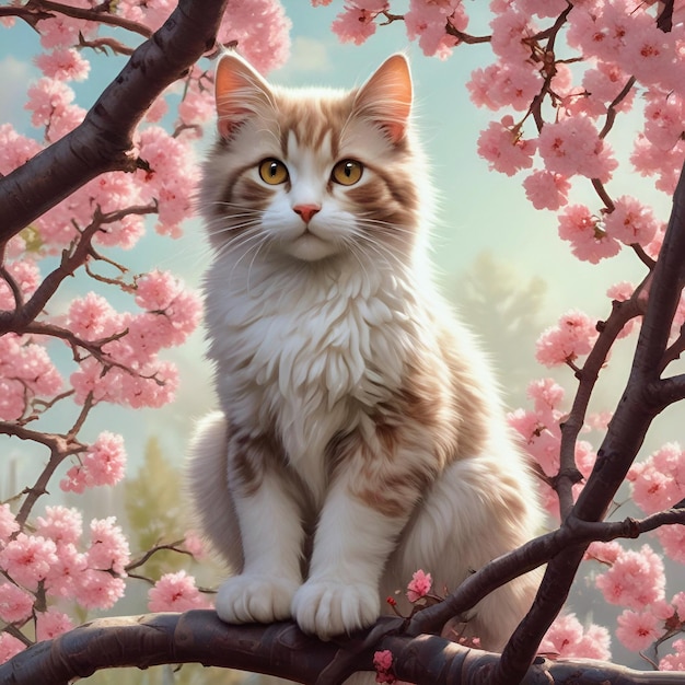 A cute cat on cherry blossoms tree