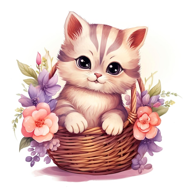 Cute Cat Chibi Character Sitting on Basket with Flowers Drawing