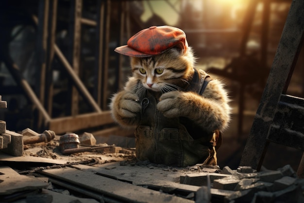 Cute cat in construction worker suit wearing cap works