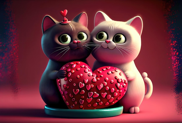 Photo cute cat couple with red heart for valentines day love and lover concept generative ai