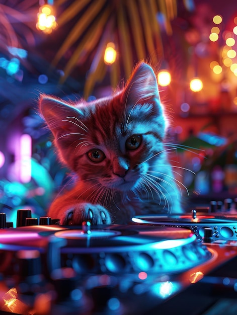 A cute cat DJ spinning vinyl on a retro turntable at a vibrant tropical bar