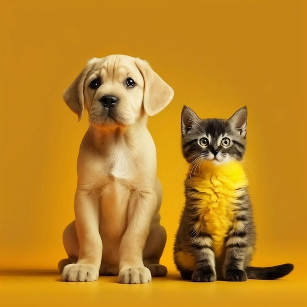 Cute cat and dog are seen together on a yellow background providing ample space for copy Generative Ai