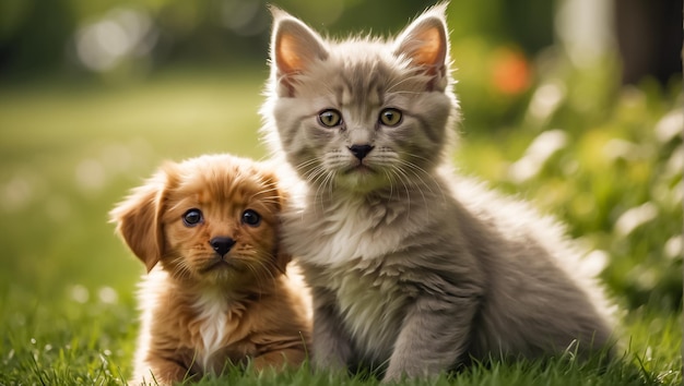 Cute cat and dog on a lawn with grass