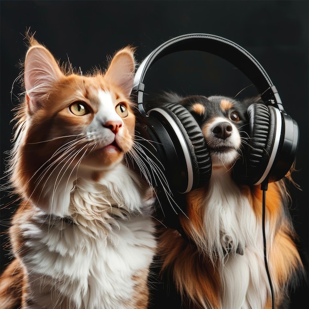 Cute cat and dog listening to music in headphones on black background