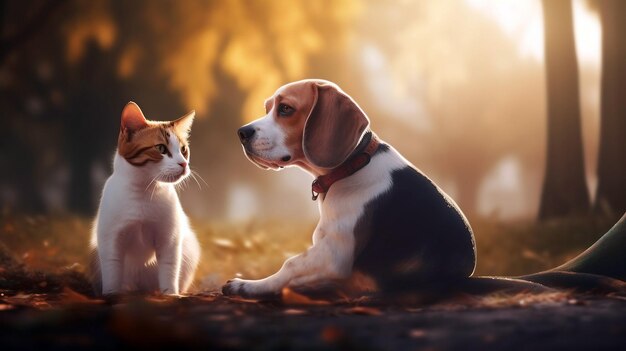 A cute cat and dog sitting together in autumn beautiful forest generative ai