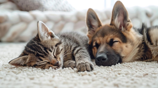 Cute cat and dog sleeping together on soft carpet at home