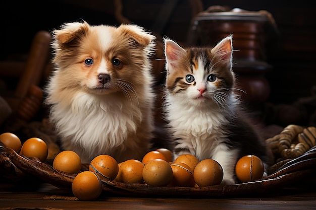 cute cat and dog with ball AI generated