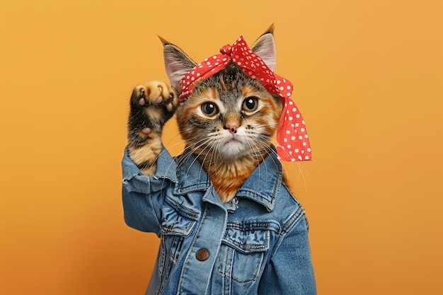 Photo a cute cat dressed in the style of the riveter from riveted woman isolated on a yellow background