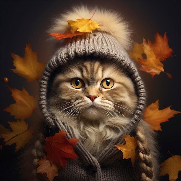 Cute cat dressed in winter clothes ready for fall season