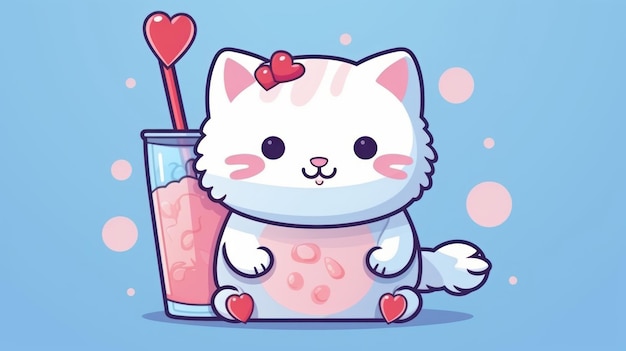 Cute cat drinking boba milk tea with fish cartoon vector icon illustration animal drink isolated