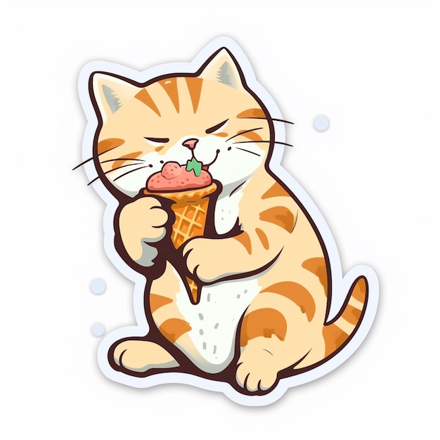 Photo cute cat eating ice cream sticker vector illustration of cartoon character