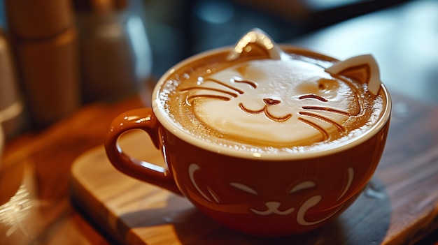 Cute Cat Face Latte Art in Cup