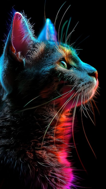 Cute cat face neon with black background Ai generated art