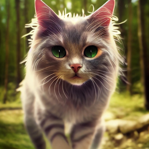 Cute cat in the forest closeup illustration