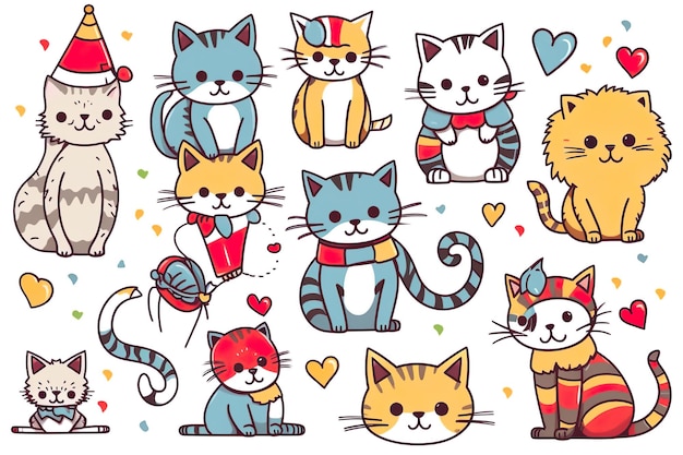 Cute cat and funny kitten doodle vector set Happy international cat day on white background