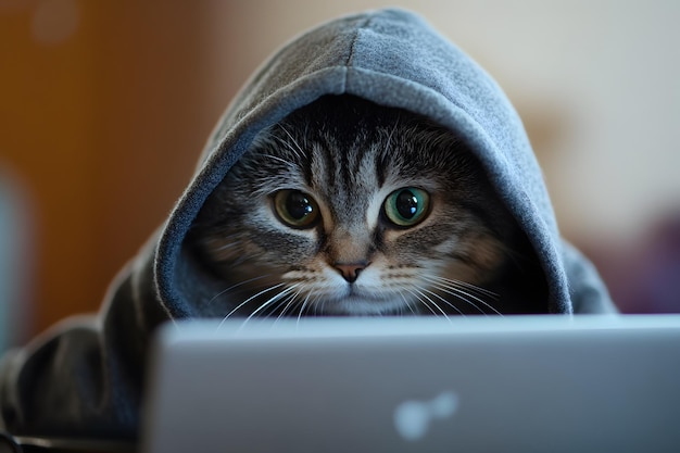 Photo a cute cat hacker wearing a hoodie with a laptop