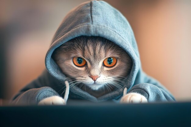 Photo a cute cat hacker wearing a hoodie with a laptop