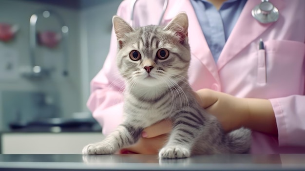 Cute cat in the hands of a veterinarian closeup