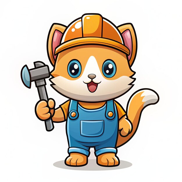 Photo cute cat handyman holding hammer cartoon vector icon illustration animal building icon concept isolated premium vector flat cartoon style