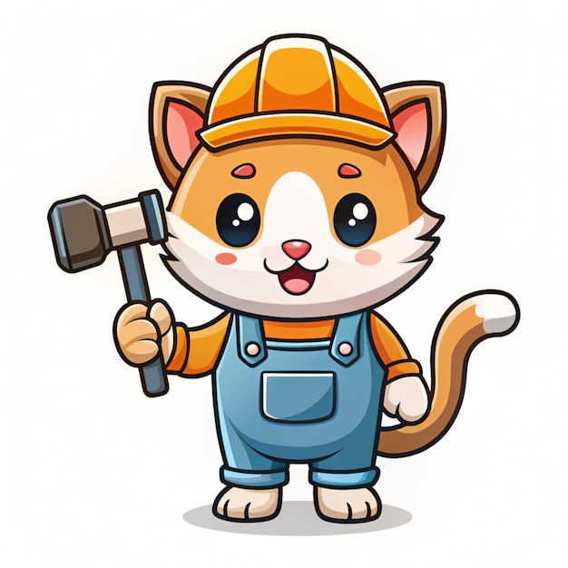 Photo cute cat handyman holding hammer cartoon vector icon illustration animal building icon concept isolated premium vector flat cartoon style