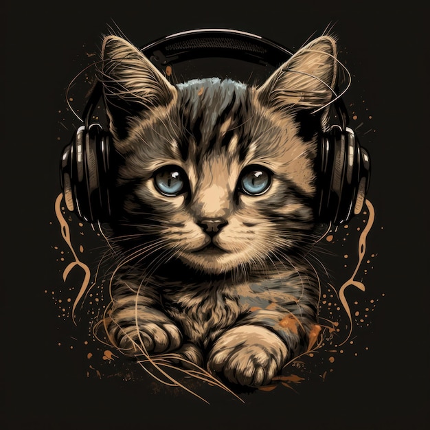 Cute cat in headphones Tshirt Illustration AI Generative