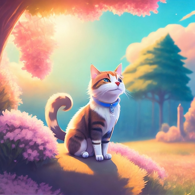 cute cat illustration with forest background