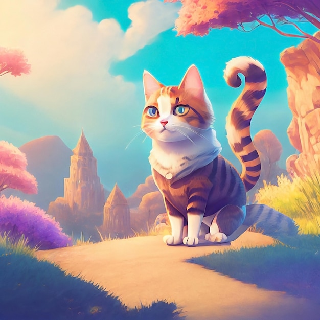 cute cat illustration with forest background