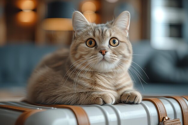 Cute cat is laying on a suitcase looking at the camera