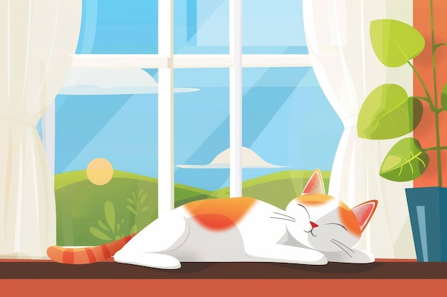 A cute cat is sleeping on the windowsill