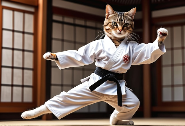 Photo cute cat in karate uniform generative ai