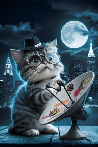 Cute cat or kitten in a Sunglasss against the background of stars and planets