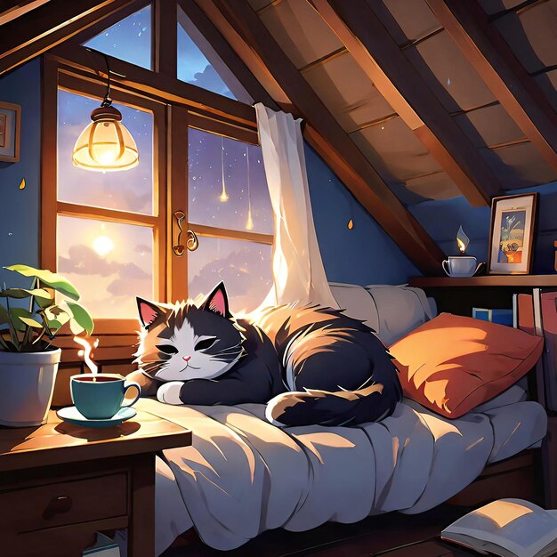 Cute cat lies and sleeps in a cozy attic at home with a cup of coffee and rain outside the window