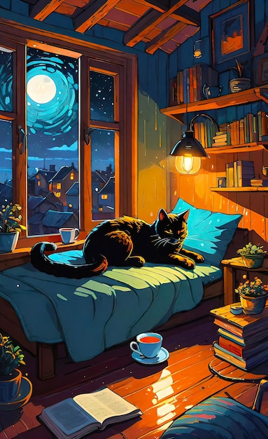 Cute cat lies and sleeps in a cozy attic at home with a cup of coffee and rain outside the window