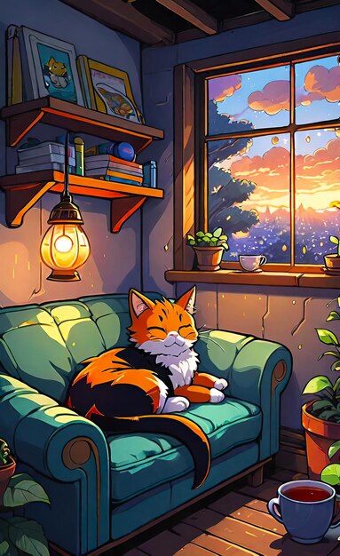 Cute cat lies and sleeps in a cozy attic at home with a cup of coffee and rain outside the window