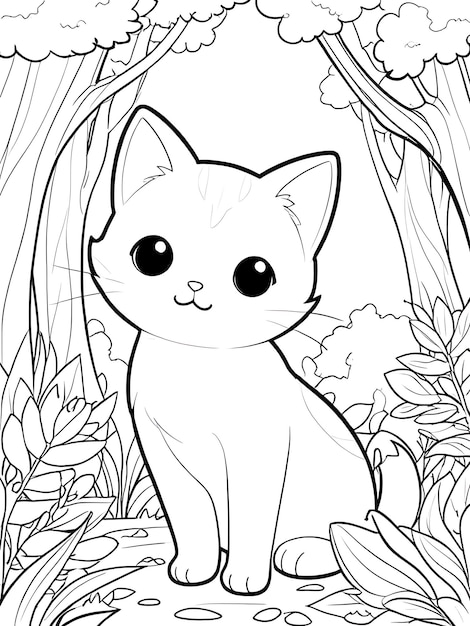 Photo cute cat line art kitten hand drawn kawaii kids coloring book