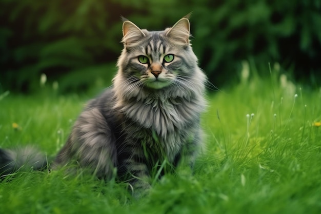 Cute cat look to the side and sitting in the garden or grass Cat in nature habitat Cat day concept