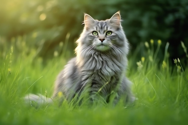 Cute cat look to the side and sitting in the garden or grass Cat in nature habitat Cat day concept