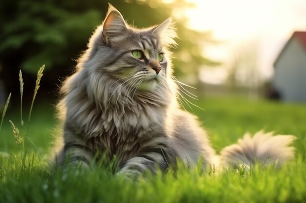 Cute cat look to the side and sitting in the garden or grass Cat in nature habitat Cat day concept