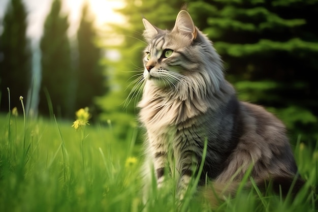 Cute cat look to the side and sitting in the garden or grass Cat in nature habitat Cat day concept