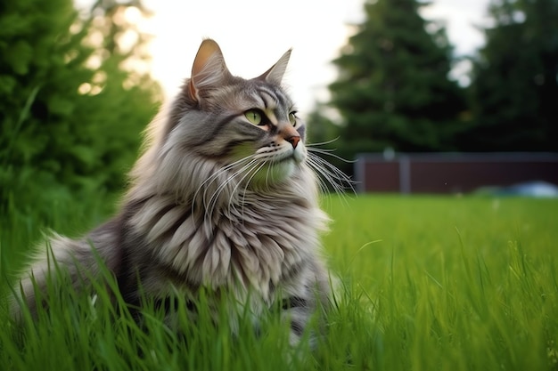 Cute cat look to the side and sitting in the garden or grass Cat in nature habitat Cat day concept