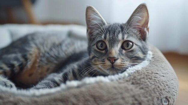 Photo cute cat lying in pet bed at home generative ai