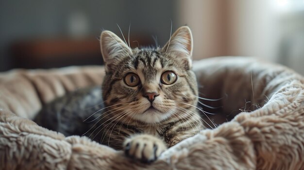 Photo cute cat lying in pet bed at home generative ai