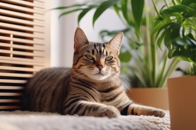 Cute cat lying on soft mat at home many plants and soft light AI Generated