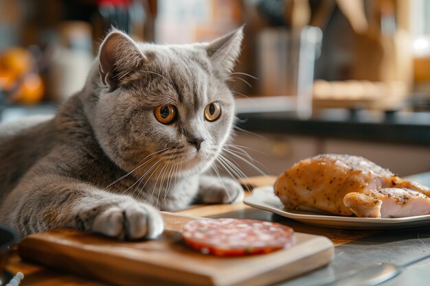 Cute cat lying on wooden cutting board and eating meat in kitchen