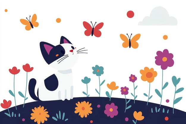 Photo cute cat in a meadow of flowers and butterflies