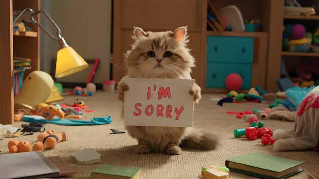 Photo cute cat in a messy room holding a sign im sorry