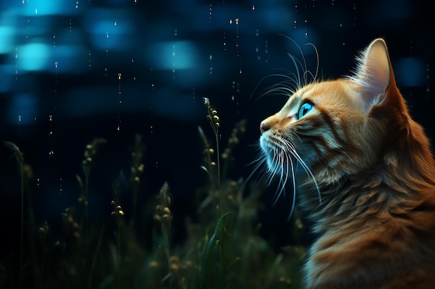 Cute cat on night garden bokeh with expressive eyes Pixar style cartoon wallpaper