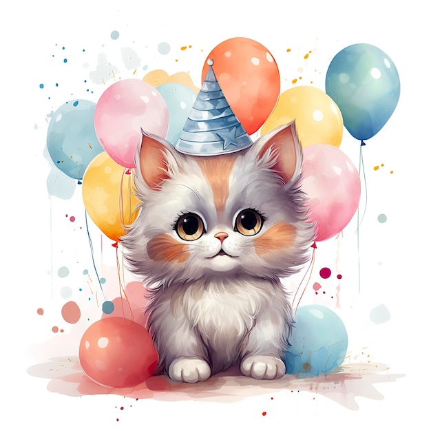 Cute Cat in Party Hat and Balloons Isolated Vector 1